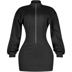 Zip Up Bodycon V Neck Long Sleeve Trendy Mini Dress, Large, 8H-190D004